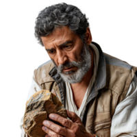 Mature man examining a rock with intense focus and curiosity png