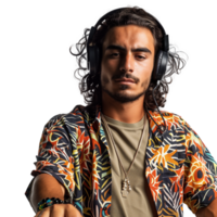 à moda jovem homem com fones de ouvido em uma transparente fundo png