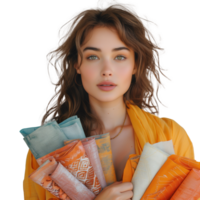 Young woman holding colorful scarves with a serene expression png