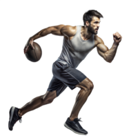 athlétique homme sprint avec une basketball sur une transparent Contexte png