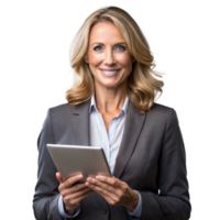 Confident businesswoman holding tablet on transparent background png