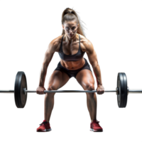 Strong female athlete lifting weights in a gym setting png