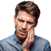 Young man in blue shirt feeling severe tooth pain png