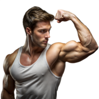 muskulös Mann zeigen aus stark Bizeps auf ein transparent Hintergrund png