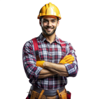 confiante construção trabalhador com Ferramentas dentro uma xadrez camisa e capacete png