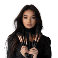 Young woman posing with a set of makeup brushes png