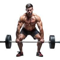 Muscular man lifting heavy barbell during intense workout png