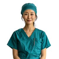 Confident Asian female surgeon in teal scrubs smiling png