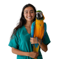 Veterinarian with a colorful macaw on transparent background png