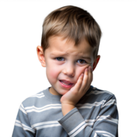 Young boy with worried expression touching his cheek png