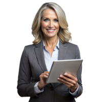 Confident businesswoman with tablet smiling on isolated background png