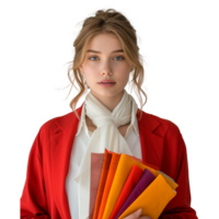 Young woman holding colorful scarves with a serene expression png