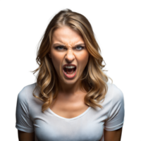 Angry young woman shouting, isolated on a transparent background png