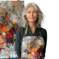 Mature female artist with colorful abstract painting png