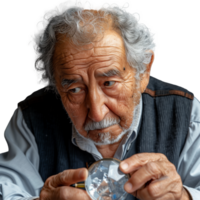 Elderly man inspecting a glass object with curiosity png