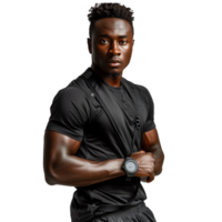 Fit young man in black athletic wear posing confidently png