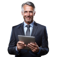senior zakenman glimlachen terwijl Holding een digitaal tablet png