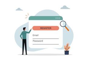 Online registration and sign up concept. A man signing up or login to online account with user interface vector