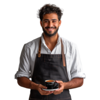 Friendly barista presenting a cup of coffee with a smile png