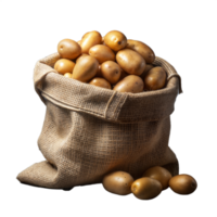 Fresh potatoes in a burlap sack on a transparent background png