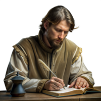 Medieval scholar writing in a book with a quill pen png