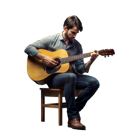 Jeune homme en jouant acoustique guitare sur une chaise isolé sur transparent png