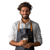 Friendly barista in apron holding a coffee cup, smiling warmly png