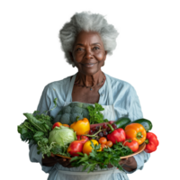 mayor mujer sostiene Fresco vegetales con un alegre sonrisa png