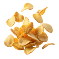 Crisp potato chips flying against a transparent background png