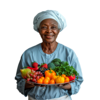 Senior mulher sorridente com uma prato do fresco colorida frutas e legumes png