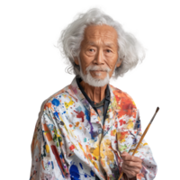 Elderly artist with colorful paint splattered smock holding a brush png
