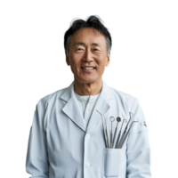 Sénior asiatique dentiste souriant avec dentaire outils dans poche png