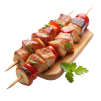 Juicy grilled chicken skewers with vegetables on wooden board png