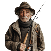 Elderly fisherman with experienced gaze holding fishing rod png