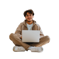 joven hombre con ordenador portátil sentado con las piernas cruzadas en casual atuendo png