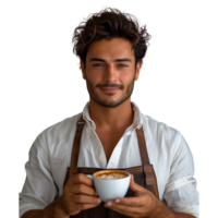 Beau barista en présentant une tasse de cappuccino avec une sourire png