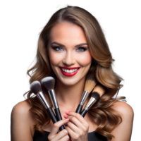 Smiling woman holding makeup brushes on a clear background png