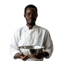 Professional chef holding a stainless steel bowl confidently png