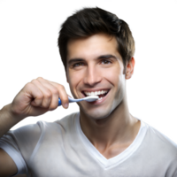 Young man smiling while brushing teeth with a toothbrush png
