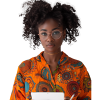 Young African American woman with stylish glasses holding a tablet png