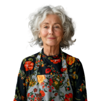 elegant senior kvinna i en färgrik blommig förkläde ler försiktigt png