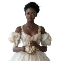 Elegant woman in vintage dress posing with confidence png