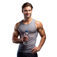 Fit young man smiling and holding a water bottle png