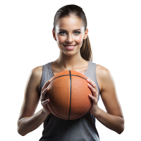 Female athlete holding basketball with confident smile png