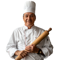 Senior chefe de cozinha com uma rolando PIN em uma transparente fundo png