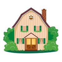 Facade of a two-story cottage surrounded by trees. Spring scene with house, lawn and trees. Illustrated clipart. vector