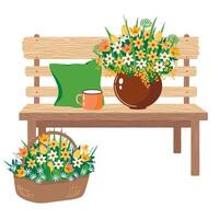 primavera flores en un cesta y florero en un jardín de madera banco. un primavera escena con un rústico banco, primavera narcisos, tulipanes en un maceta. ilustrado clipart. vector