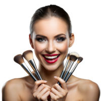 magnifique femme en portant maquillage brosses sur une clair Contexte png