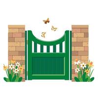 A green wooden gate and brick pillars. A fence with a gate and stone supports. A spring scene with a fence, grass, flowers and butterflies. vector