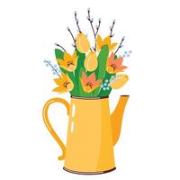 A bouquet of bright spring flowers in a yellow enameled teapot. A teapot with a posy of yellow tulips. Illustrated clipart. vector